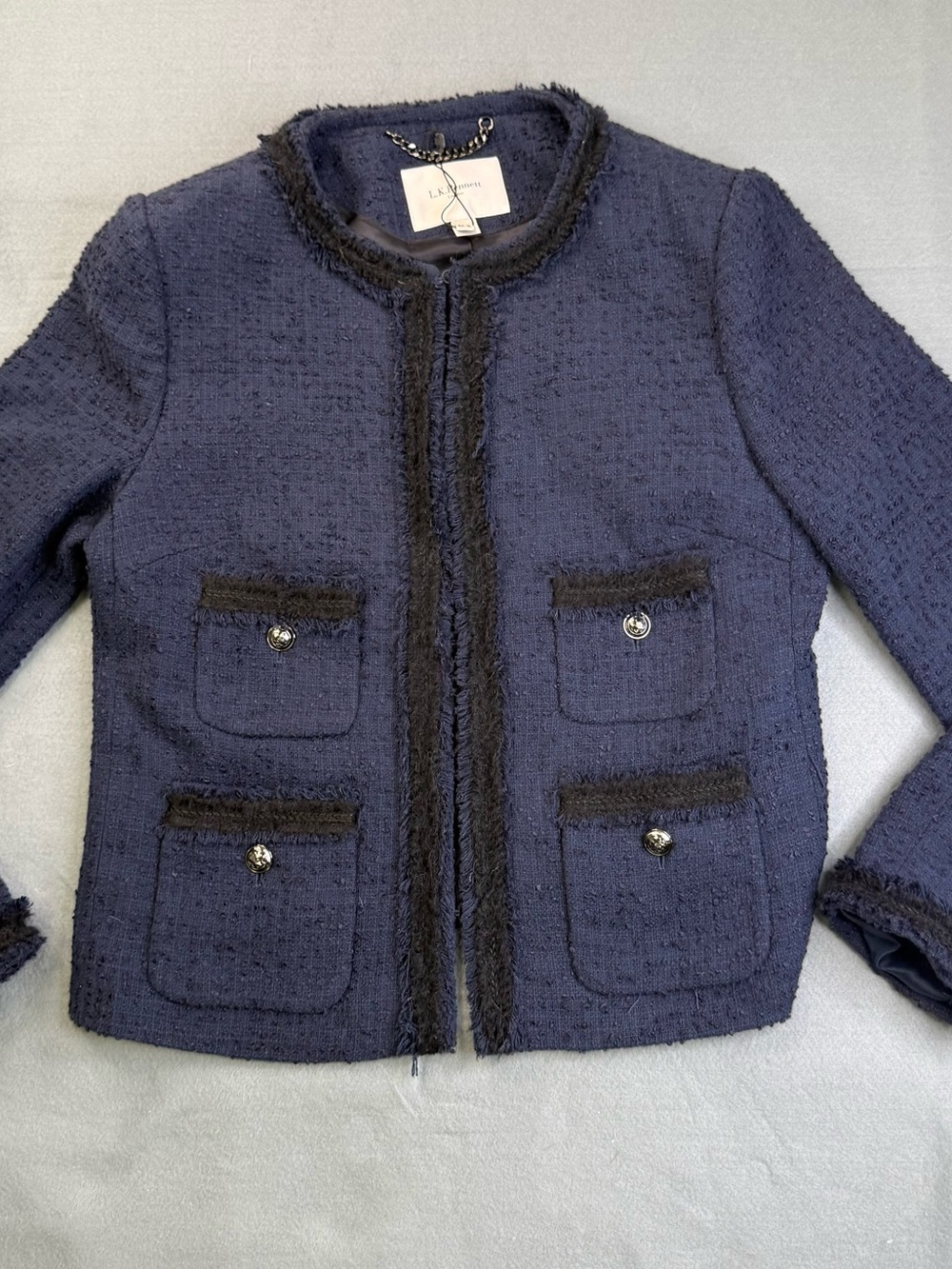 LK Bennett Navy Tweed Pocket Jacket with Fringe Trim